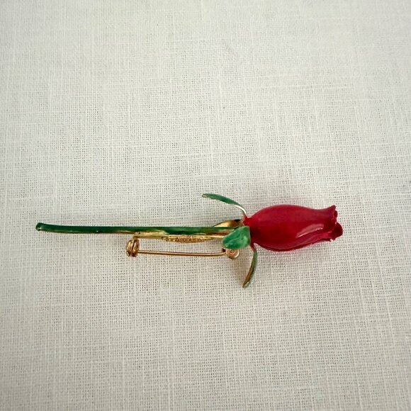 Vintage Sandor Co Red Enamel Rose Brooch Gold Tone Pin 3 Inch Floral Jewelry - Picture 9 of 11
